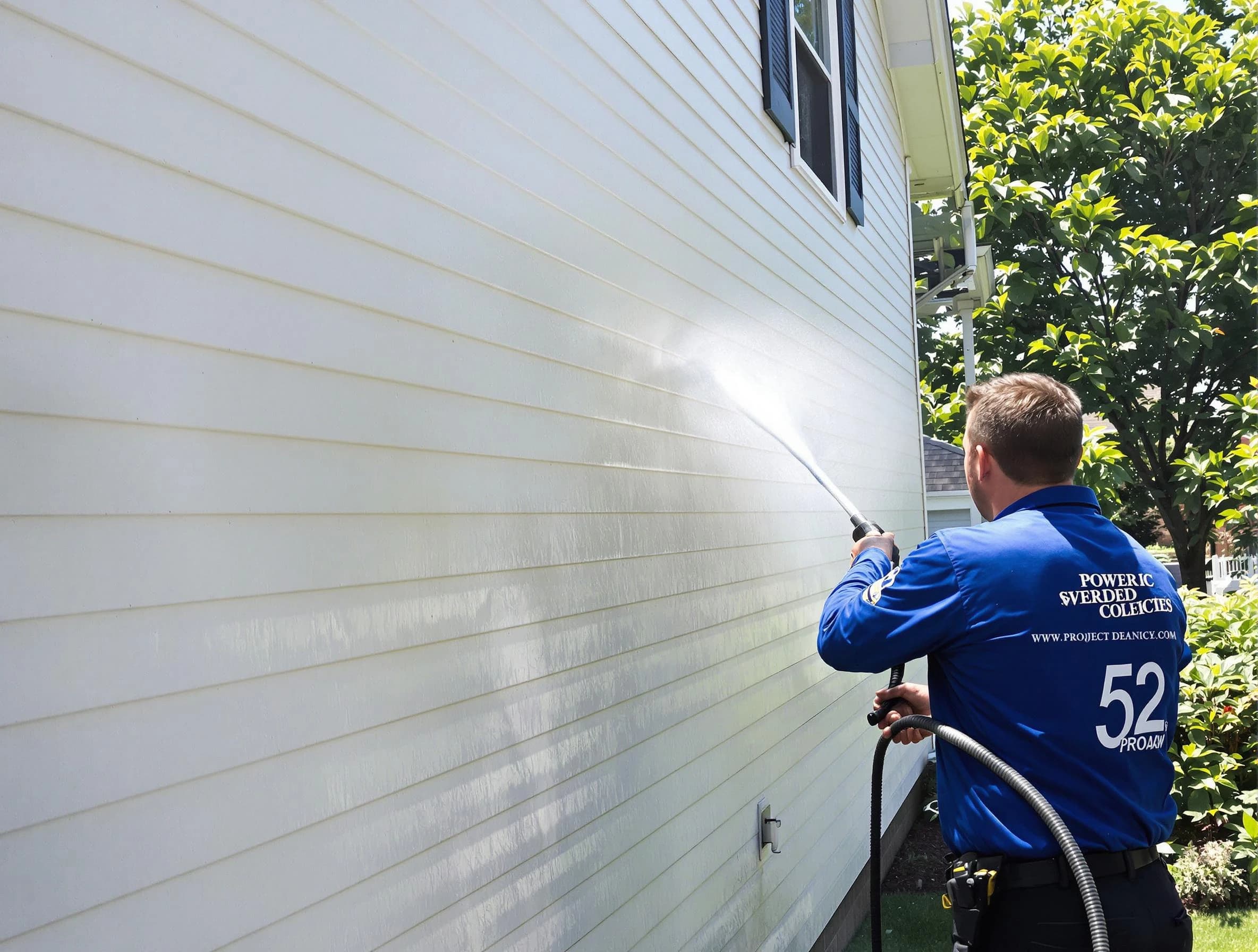 A Brunswick Power Washing technician power washing a home in Brunswick