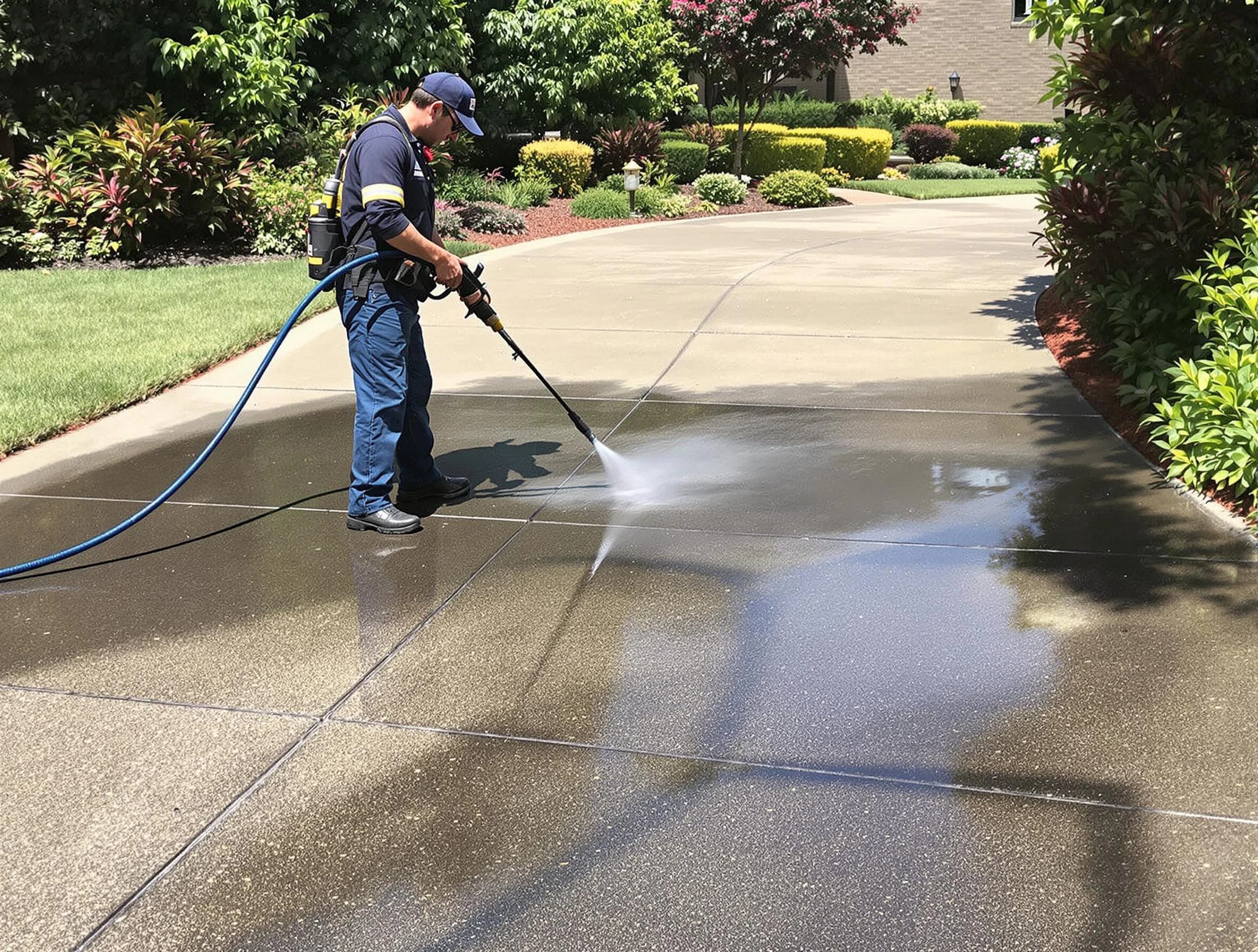 Experienced Brunswick Power Washing team member pressure washing a driveway in Brunswick